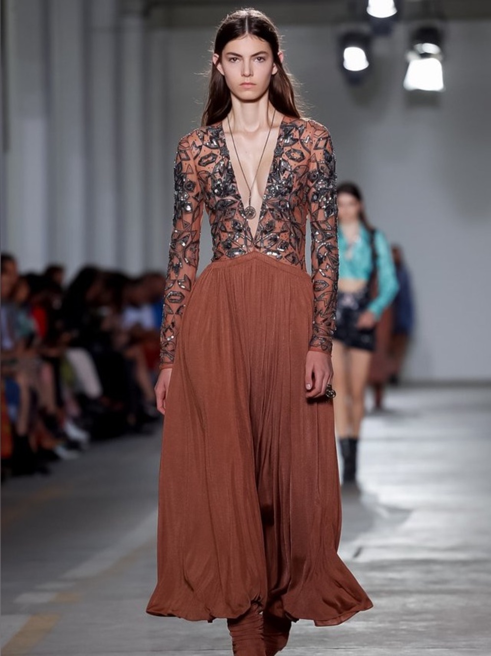 Roberto Cavalli Embellished Lace Plunge Gown Brown Silk Pleated Maxi Dress XS